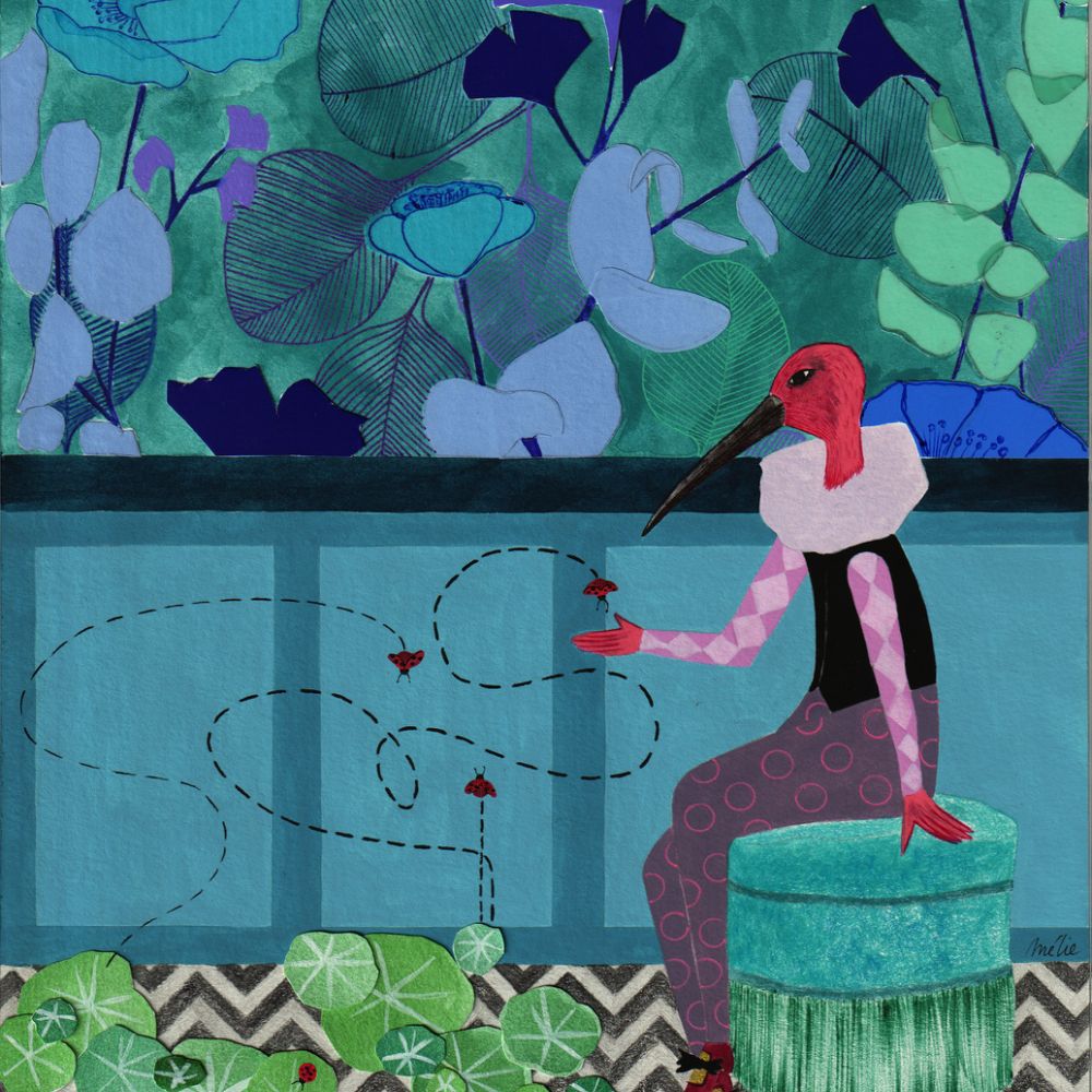 <i>Les oiseaux dans les fauteuils</i> # 6, Techniques graphiques mixtes, 2021. Vendu par la Librairie Tropiques